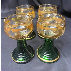 Signed Lorely Wine Glasses Set of 4 Green 6-1/2" Tall w/ Gold - Made In Germany